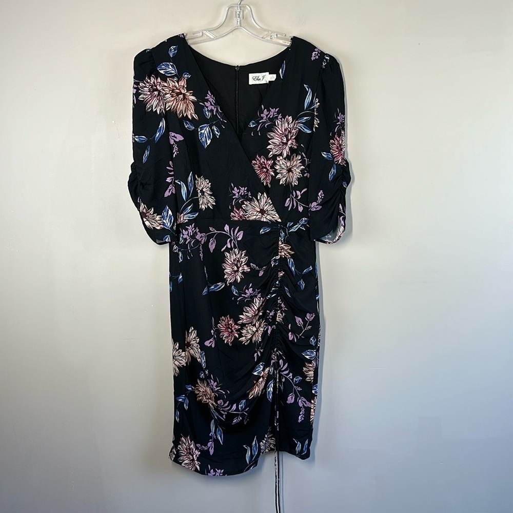Eliza J VNeck Faux Wrap Elbow Sleeve‎ Ruched Dark Floral Dress Size 14